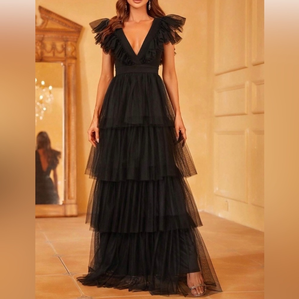 Luxe black plunging neck layered ruffle hem party formal evening dress